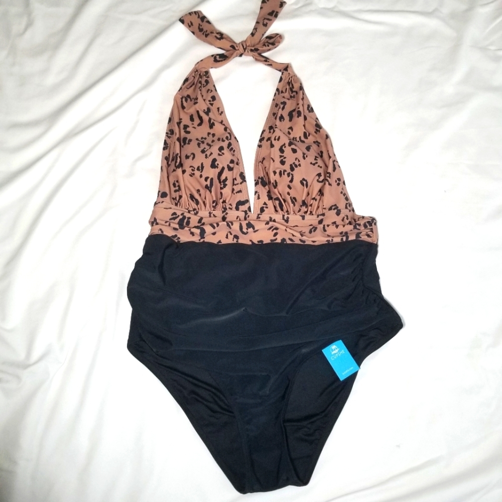 Cupshe Two-Tone Halter One-Piece Swimsuit in Tan Leopard and Black